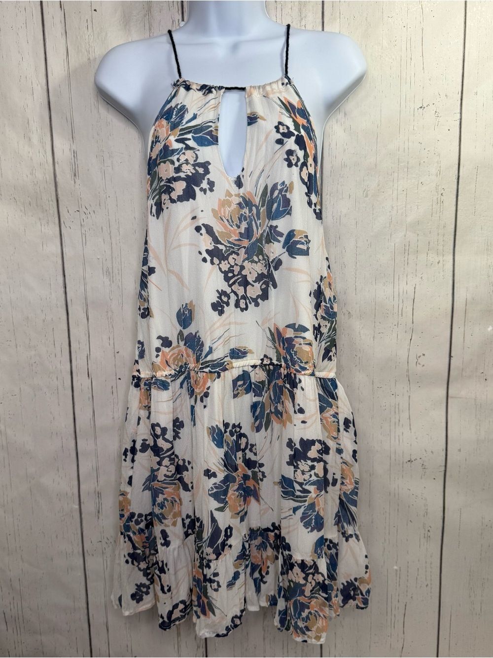 Boemo Anthropologie Ivory Floral Keyhole Mini Dress Size S Cottagecore Boho